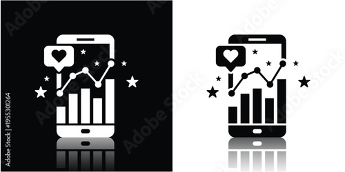 Social Media Growth Icon with Smartphone, Upward Chart, and Marketing Elements Silhouette