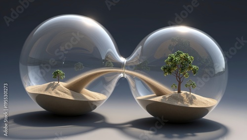 Conceptual hourglass with sand and green plants inside glass bulbs representing the balance between arid environment and flourishing nature 3D render
