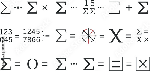 Mathematical summation sigma symbols and equation icons set with algebra notation calculation formula math education vector illustration