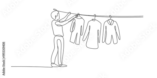 Continuous line drawing of a man hanging clothes to dry on a laundry line outdoors. Vector, illustration