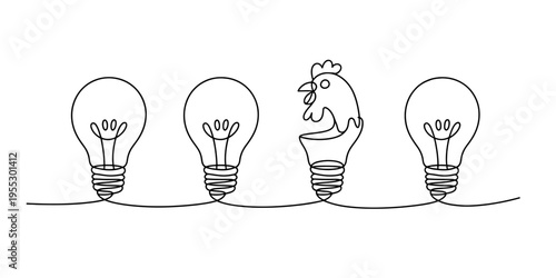 Minimalist line art illustration of light bulbs with one unique rooster head idea bulb Vector, illustration
