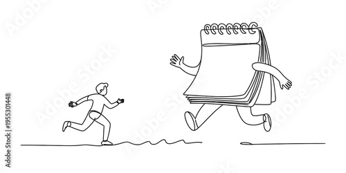 A man running away from a giant calendar chasing him in a continuous line drawing style. Vector, illustration