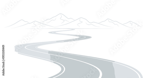 Curved highway road landscape with mountain outline background, perspective travel route concept illustration, cad drawing flat vector illustration