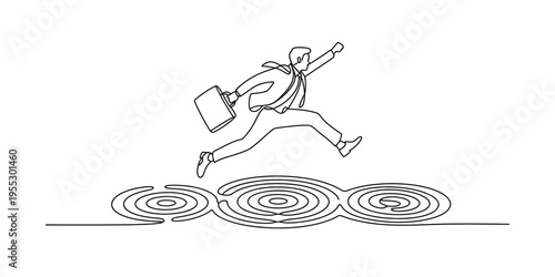 Continuous line drawing of a businessman jumping over circular mazes on white background. Vector, illustration