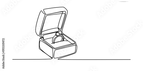 Continuous line drawing of an open jewelry box with a diamond ring inside for a marriage proposal. Vector, illustration