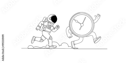 Minimalist line art of an astronaut in a space suit chasing a running clock character Vector, illustration