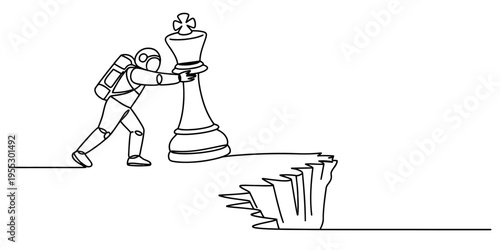 Continuous line drawing of an astronaut pushing a giant chess king piece towards a cliff edge Vector, illustration