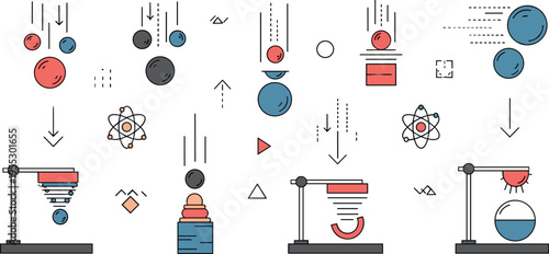 Physics experiment and motion vector illustration featuring forces gravity magnetism and particle movement in educational science diagram icon set