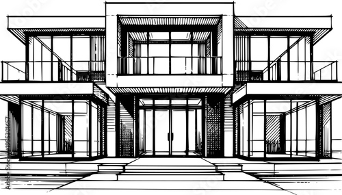 Modern House Entrance Architecture Black and White Vector Design