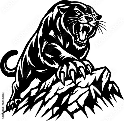 Panther Standing on Rock Roaring Tattoo Style Vector