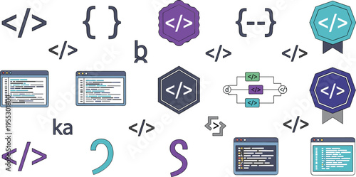 Programming and coding icons set featuring HTML tags brackets scripts code editors and developer symbols in modern flat vector illustration collection