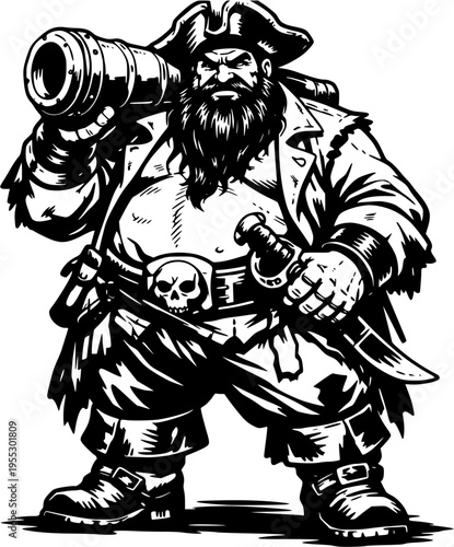 Pirate With Cannon Aggressive Buccaneer Character Black and White Vector