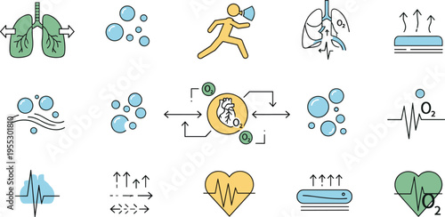 Respiratory system and oxygen exchange vector icons featuring lungs breathing airflow circulation and health monitoring in modern medical illustration set