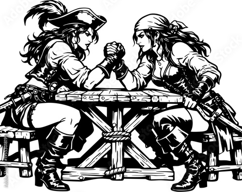 Female Pirates Arm Wrestling Competition Black and White Vector Illustration