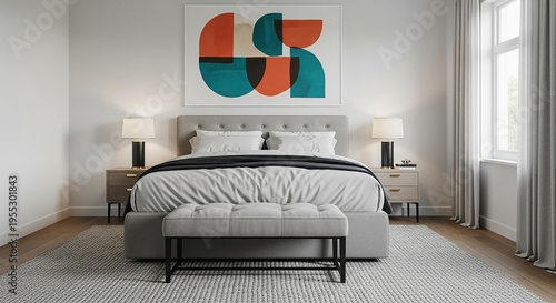 Bedroom with gray bed and colorful abstract on wall white black