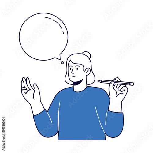 Business professional explaining idea with hand gestures and thought bubble