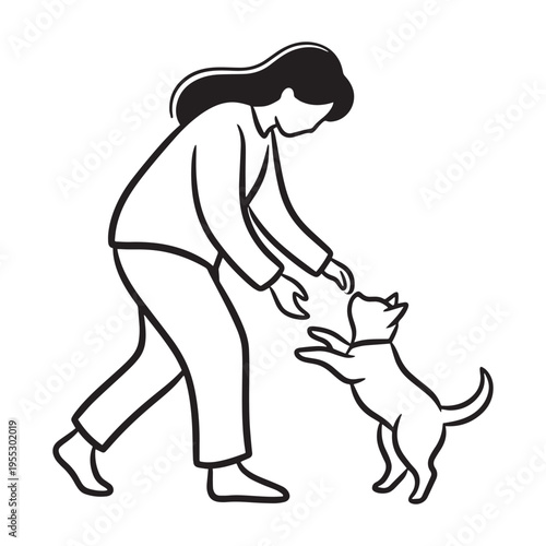 woman walking small dog on leash in minimalist flat style illustration