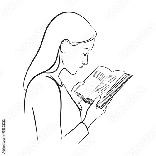 Young woman reading open book in minimalist line art illustration