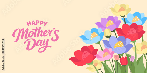 Mother's Day greeting card, poster, cover,with beautiful blossom flowers. Spring summer floral banner design. For the best mom inscription. Vector illustration