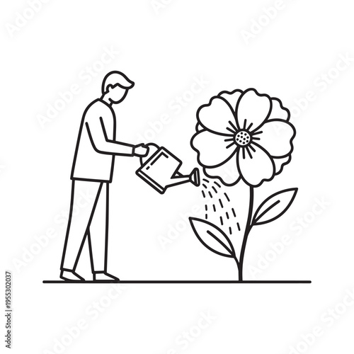 man watering white flowering plant with metal watering can in simple line art