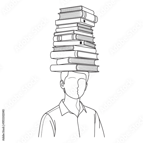 Business professional with stack of books on head illustrating knowledge and learning concept