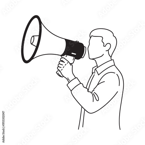 Business professional using megaphone for announcement or public speaking in office setting