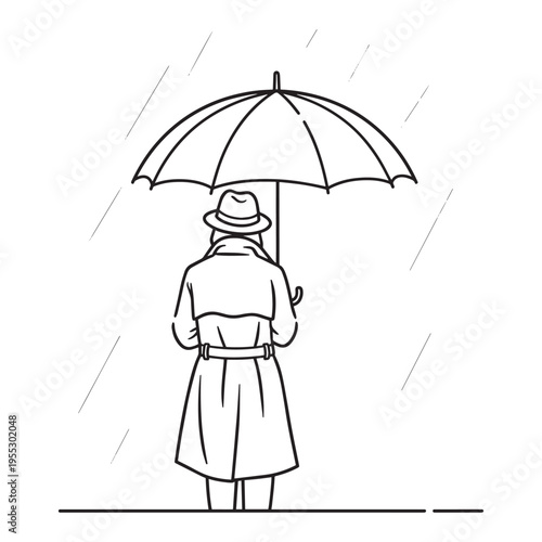 Woman holding umbrella in rain minimalist line art illustration