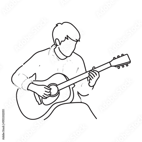 Senior man playing acoustic guitar with joyful expression in sketch style illustration