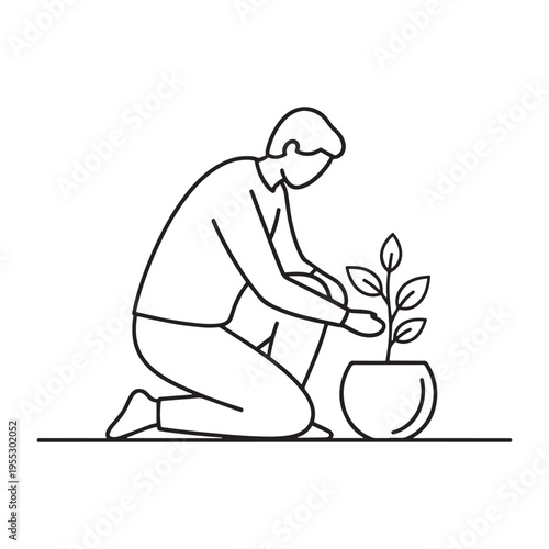 Business professional planting young seedling in office pot for sustainability concept