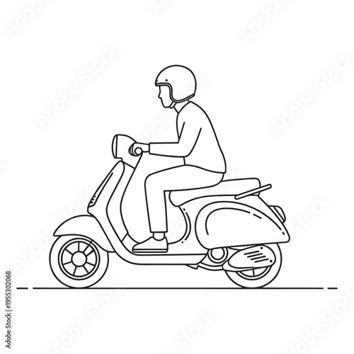 man riding vintage scooter in urban setting line art illustration