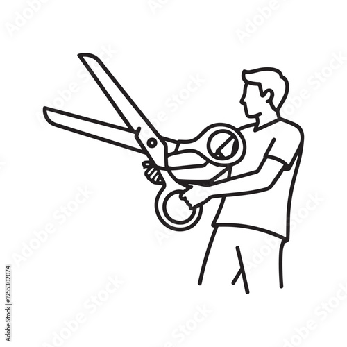 Man cutting rope with large scissors in minimalist workspace illustration