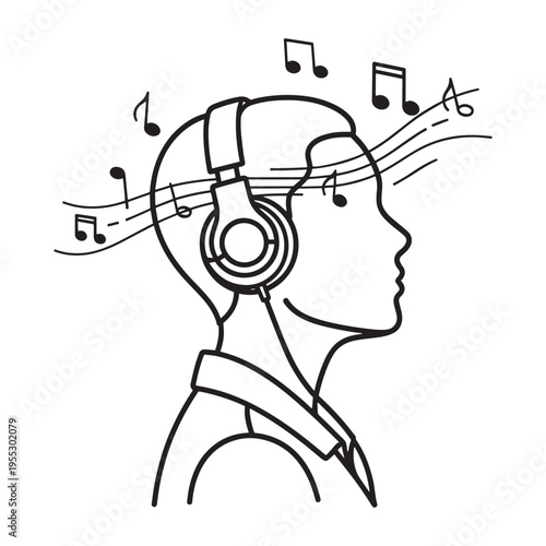 line art profile of human head with musical notes and sound waves concept