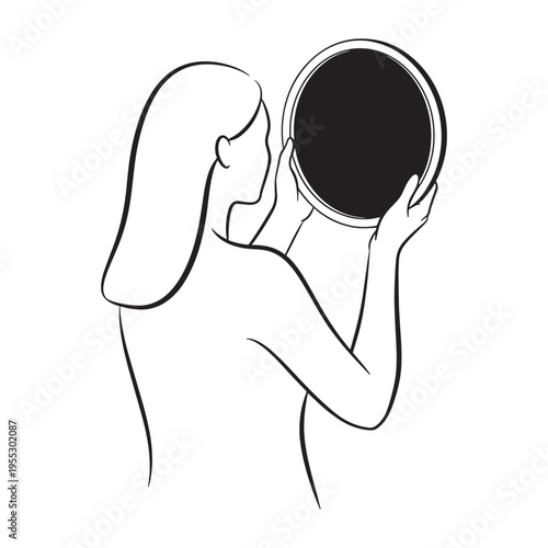 Hand holding mirror with steam line art illustration for branding and design