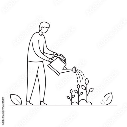 Farmer watering young seedlings with watering can in garden for growth and agriculture concept