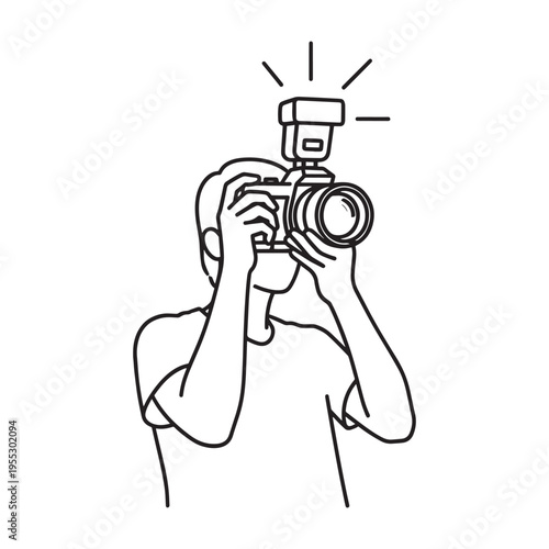 Cartoon character taking selfie with vintage camera and lightning idea concept