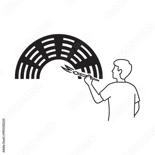 Business professional holding large black and white striped umbrella in minimalist office setting