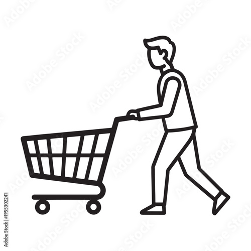 Man pushing shopping cart with groceries in flat design vector illustration