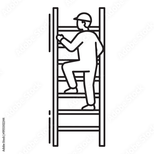 Worker climbing white safety ladder with helmet and tool belt illustration
