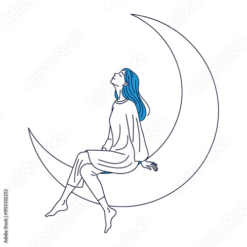 Woman meditating in crescent moon with serene cosmic energy and minimalist line art