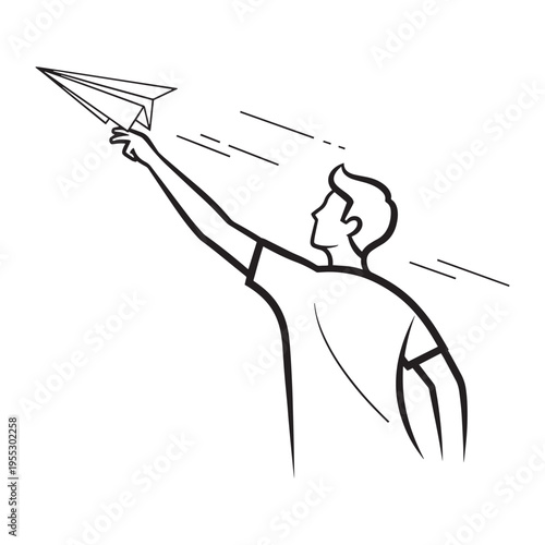 Hand holding paper airplane sketch flying concept minimalist line art illustration