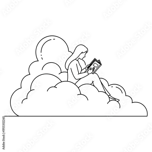 woman relaxing on cloud reading tablet in minimalist sky scene illustration