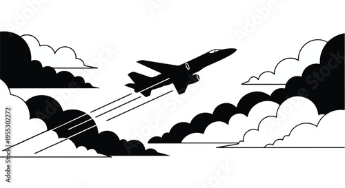 Jet plane ascends rapidly through stylized clouds, leaving distinct contrail lines.