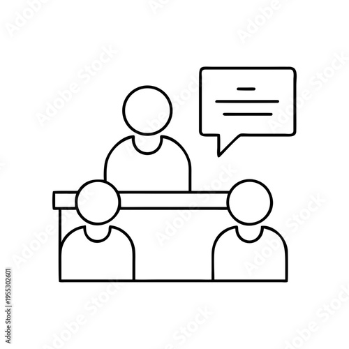 A minimalist line art illustration of a person speaking at a desk to two seated individuals on transparent background