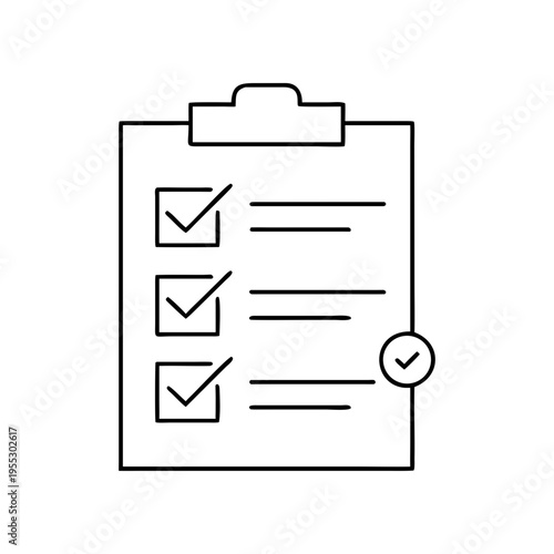 A minimalist checklist icon on a clipboard with a verified mark on transparent background