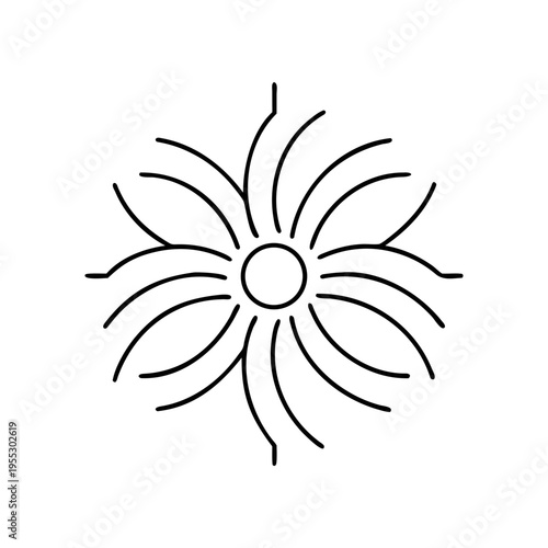 A minimalist sun icon with rays on transparent background