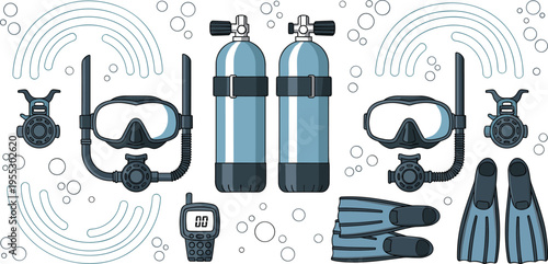 Scuba diving equipment icon set with oxygen tanks diving mask snorkel fins gloves wrist dive computer underwater gear vector illustration