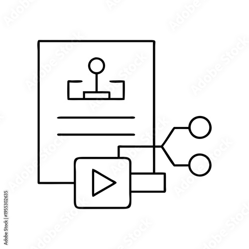 A vector graphic illustration of a play button connected to a flowchart on a transparent background