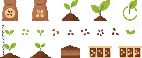 Seed germination and plant growth stages vector illustration featuring soil planting seedlings sprouting process and organic agriculture lifecycle icons set