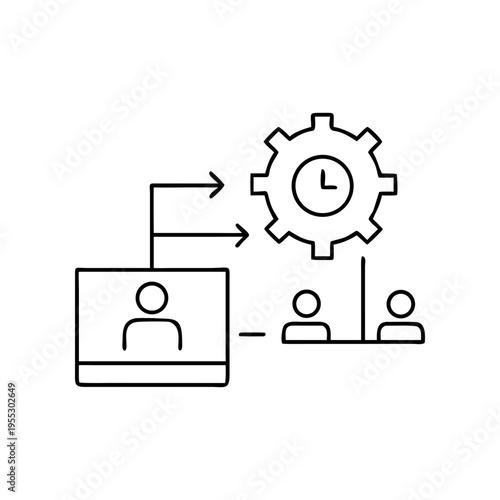 A minimalist vector graphic illustrating business process management with a clock gear and people icons on transparent background