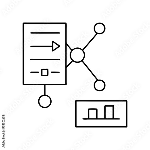 A minimalist vector graphic illustrating a flowchart with a document and bar chart on a transparent background
